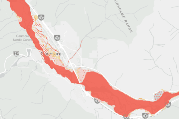 Flood hazard map showing risk zones along the Bow River at Canmore, Alberta